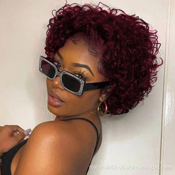 Wholesale Pixie Cut Short Curly Bob 99J Burgundy Raw Indian Virgin Human Hair Glueless Swiss Transparent 13x1 Lace Front Wig